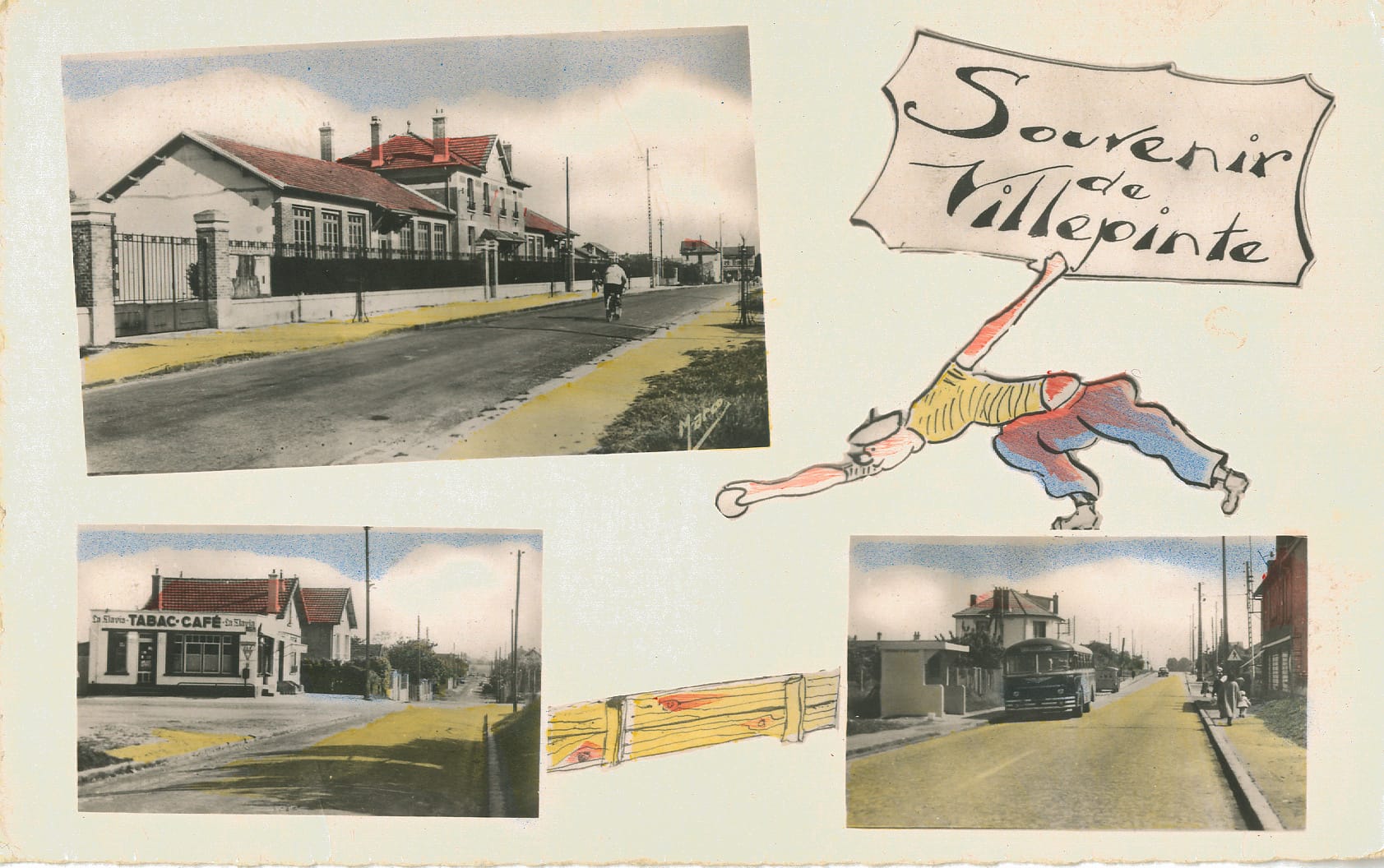 Multi vues sur l'École du Centre et la route des petits ponts (boulevard Robert BALLANGER) dans les années 1950.