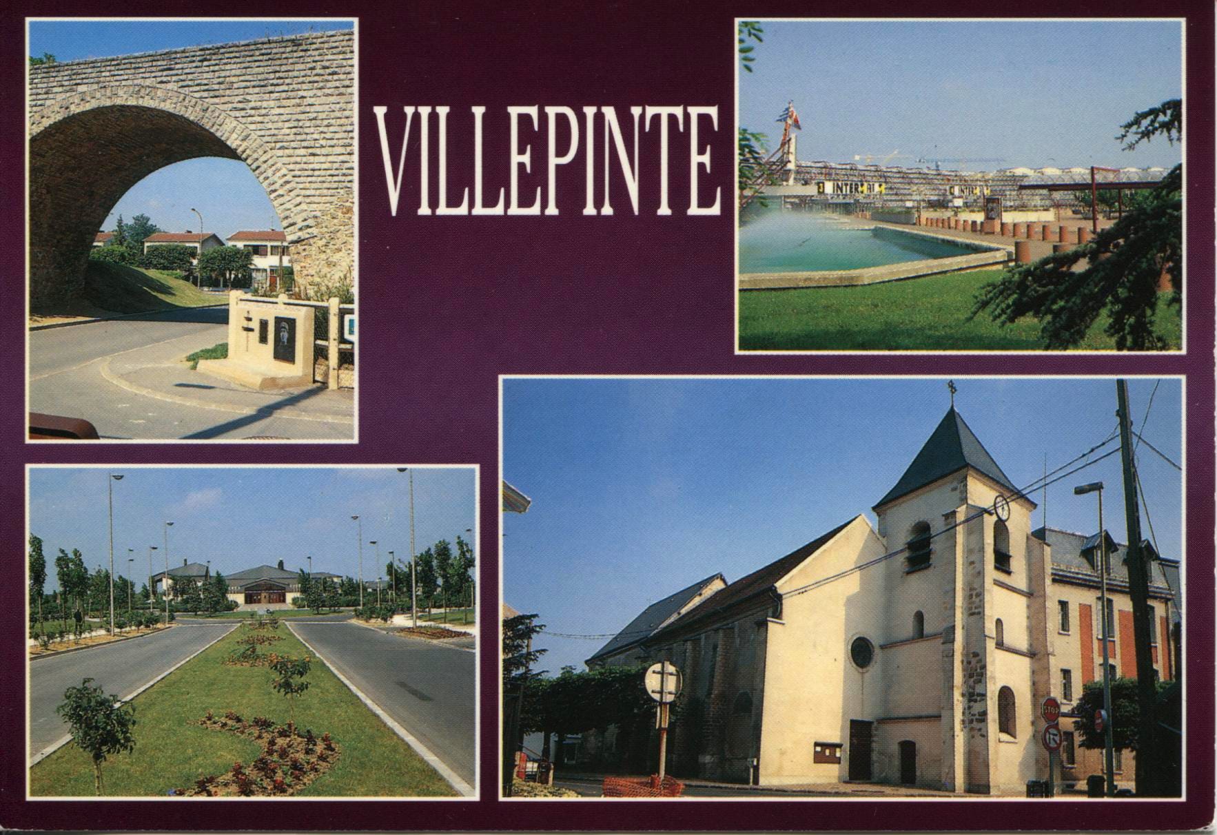 Carte postale multi vues : Stèle du Générale de Gaulle, Parc des expositions, église Notre-Dame de l'Assomption, Espaces V de Villepinte.