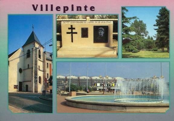 Carte postale multi vues : l'église Notre-Dame de l'Assomption, Stèle du Général de Gaulle, Parc de la Noue, Parc des expositions